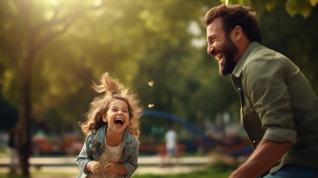 Foto papá juega con la chica que se ríe feliz vomita