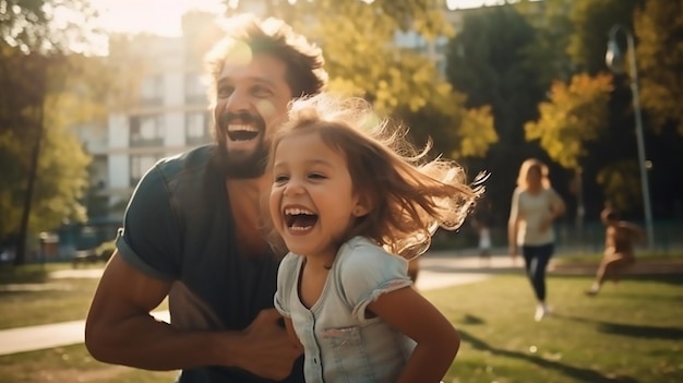 Foto papá juega con la chica que se ríe feliz vomita
