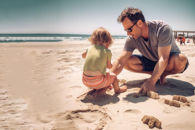 Papá jugando con niños en la playa.