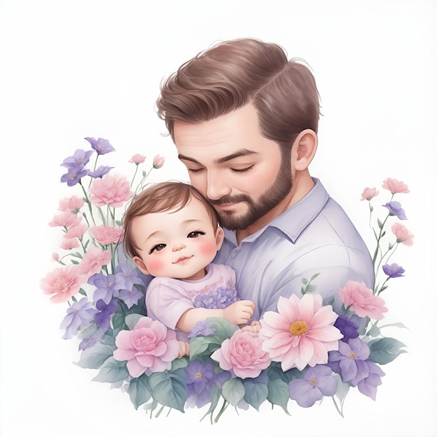 Papá y lindo bebé con flores estilo Chibi en estilo acuarela