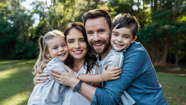 Papá y mamá abrazando a sus hermosos niños y mirando a la cámara