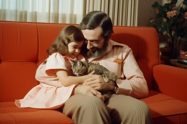 Papá con niña acariciando gato sentado en sofá IA generativa