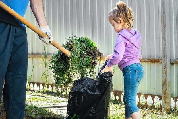 Papá y niña limpian hojas viejas y basura en el patio de la casa