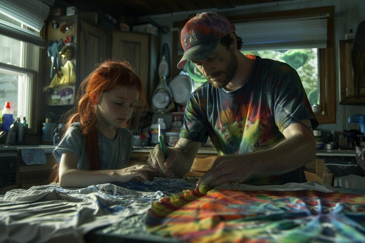 Foto papá y los niños haciendo camisas atadas