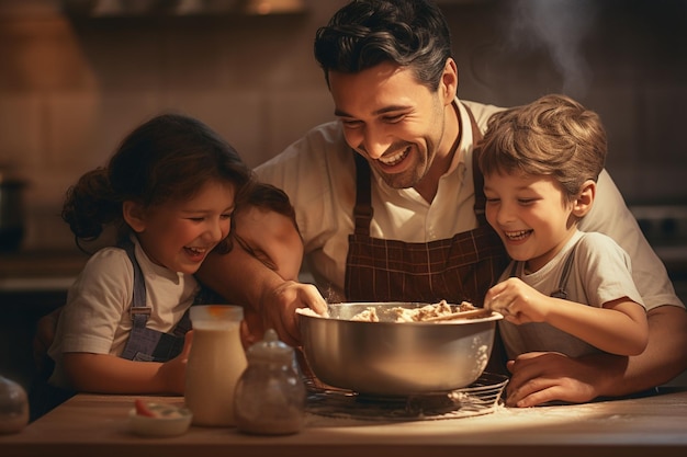 Foto papá y los niños horneando un pastel especial para el día del padre