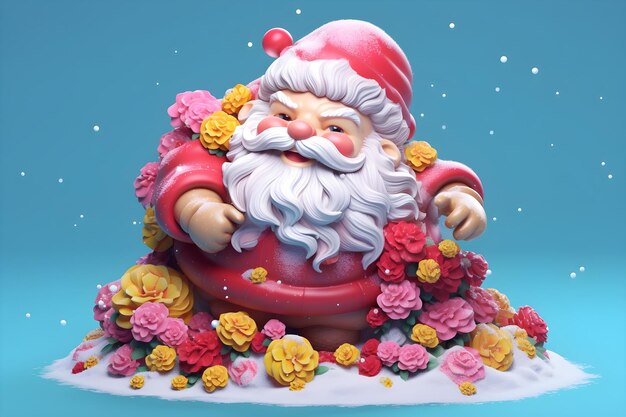 Papá Noel 3D con flores en la nieve Ai Generated