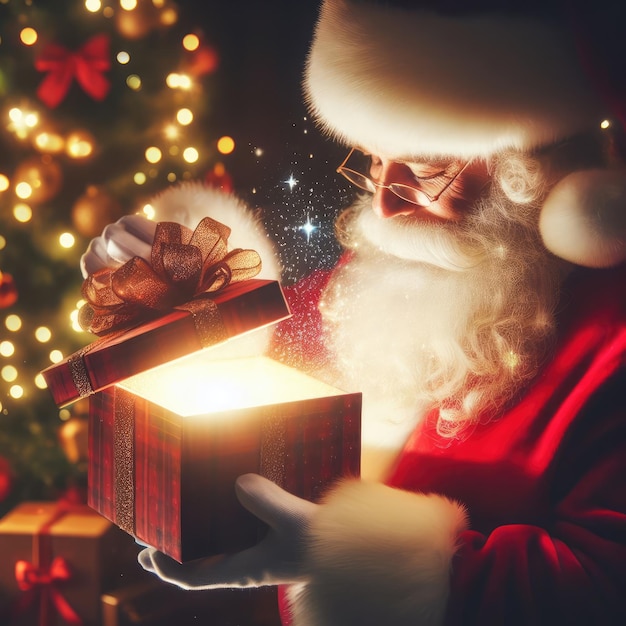 Foto papá noel abriendo la caja de regalos de navidad