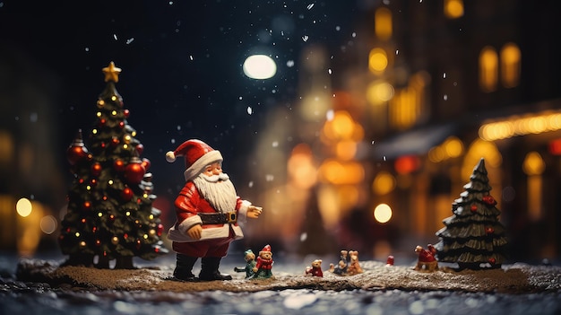 Papá Noel con el árbol de Navidad en la noche de la temporada de Navidad