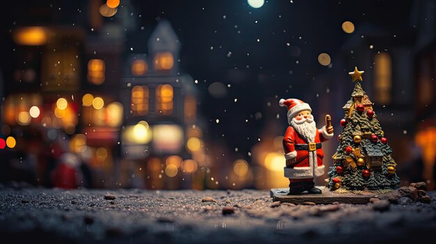 Papá Noel con el árbol de Navidad en la noche de la temporada de Navidad