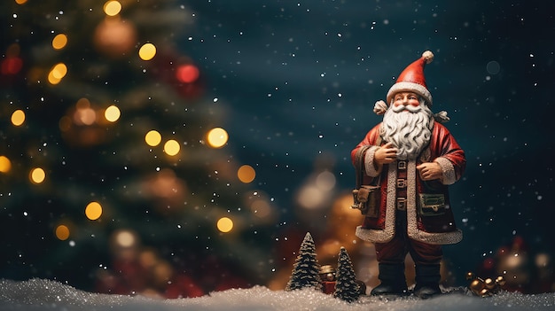 Papá Noel con el árbol de Navidad en la noche de la temporada de Navidad