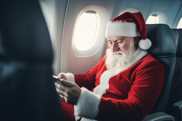 Papá Noel en avión con ciudadanos usando teléfono inteligente o tableta