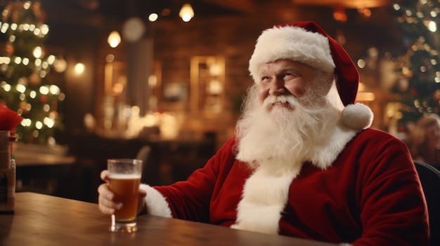 Papá Noel en el bar con un vaso de cerveza Feliz Navidad