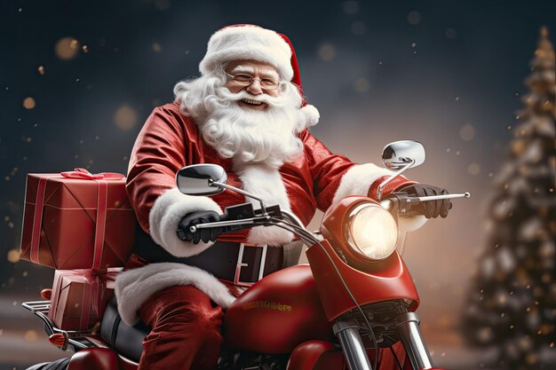 Foto papá noel con barba blanca montado en un ciclomotor retro rojo llevando regalos en un ciclomotor arte generativo de ai