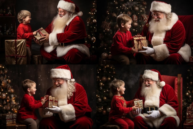 Papá Noel y el bebé riendo sentados en la silla dorada dando un regalo al bebé