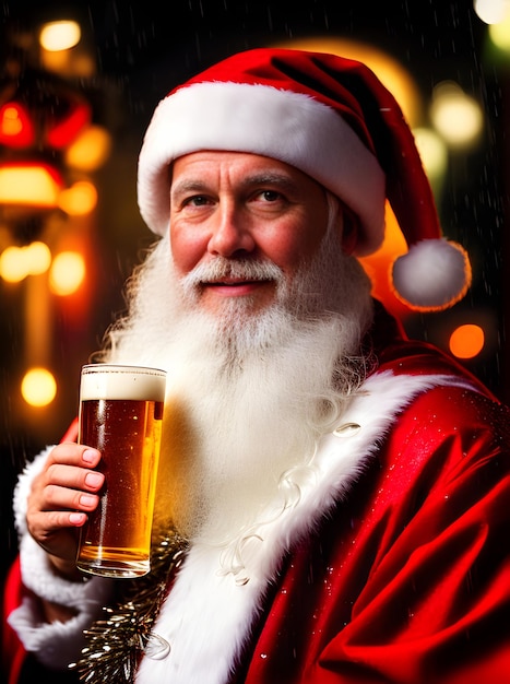 Papá Noel bebiendo cerveza lluvia primer plano paleta de colores de neón obra de arte dibujada AI generativa generada