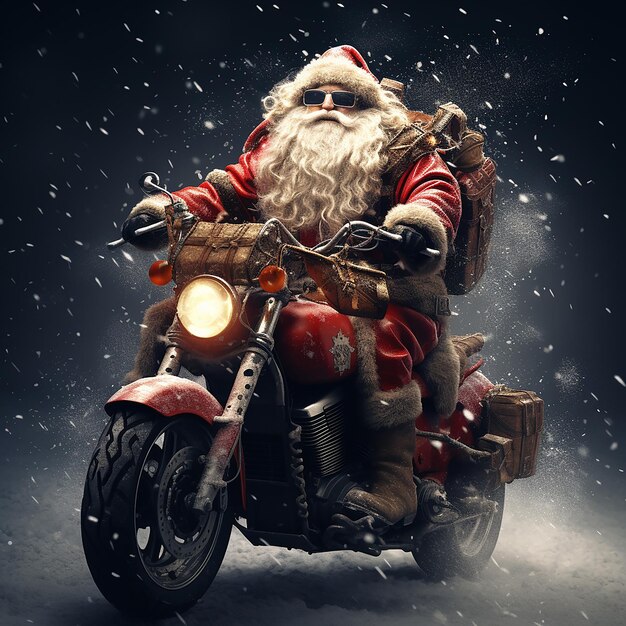 Foto papá noel con una bolsa de regalos en una motocicleta