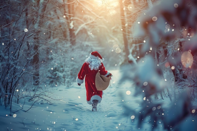 Un Papá Noel caminando por un bosque nevado llevando una gran bolsa de regalos