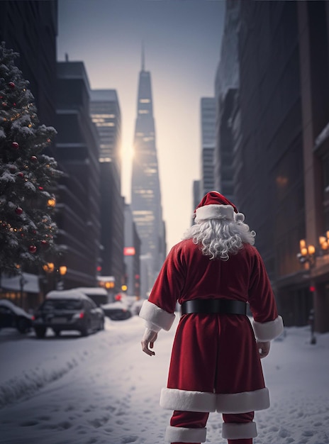 Foto papá noel caminando por una calle nevada