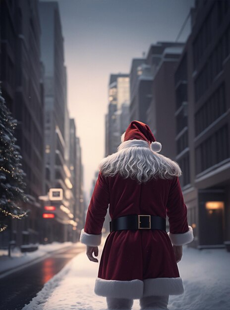 Papá Noel caminando por una calle nevada