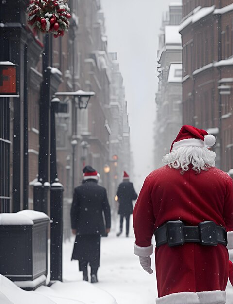 Papá Noel caminando por una calle nevada