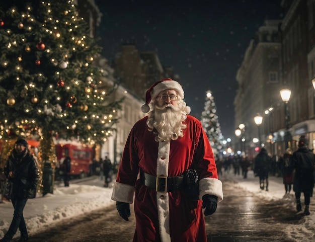 Papá Noel caminando por una ciudad en medio de la nieve