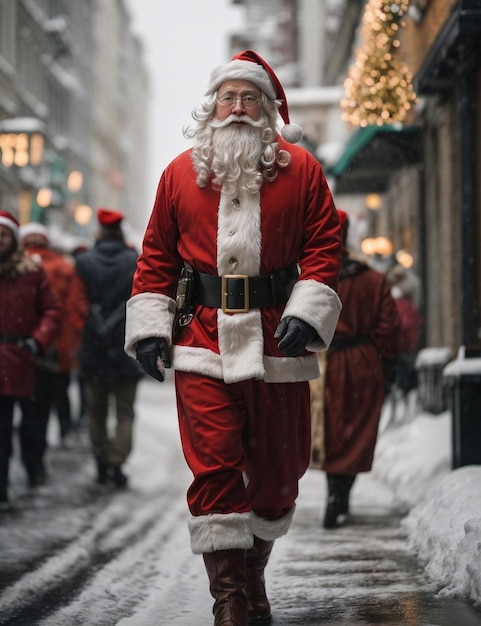 Papá Noel caminando por una ciudad en medio de la nieve