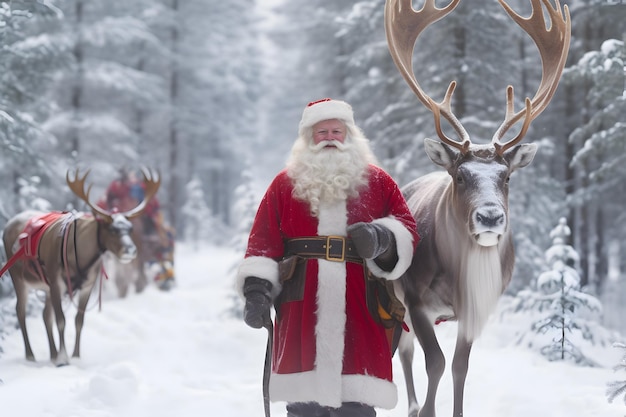 Papá Noel caminando junto con renos en el bosque en invierno Casarse con Navidad y felices fiestas