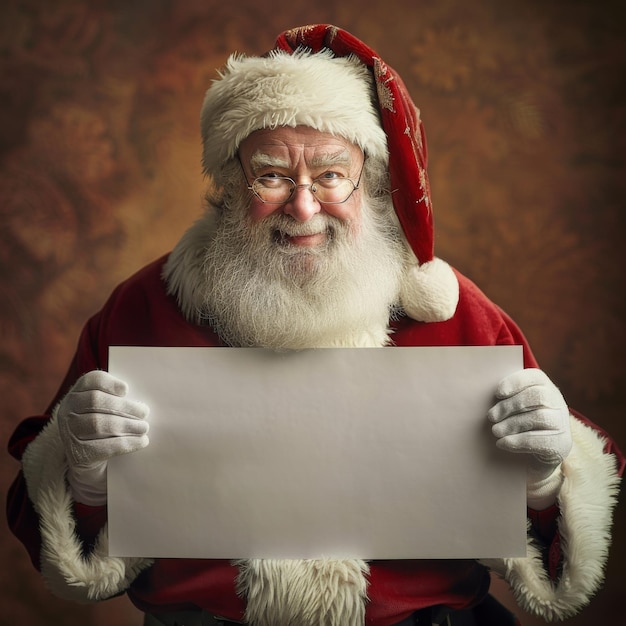 Papá Noel con un cartel en blanco listo para mensajes de vacaciones y saludos de Navidad