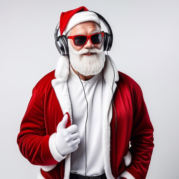 Foto papá noel con chaqueta y auriculares con fondo blanco