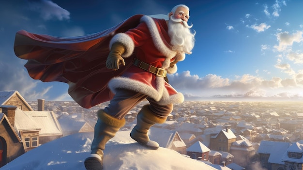 Un Papá Noel en una colina nevada con un cielo azul detrás de él.