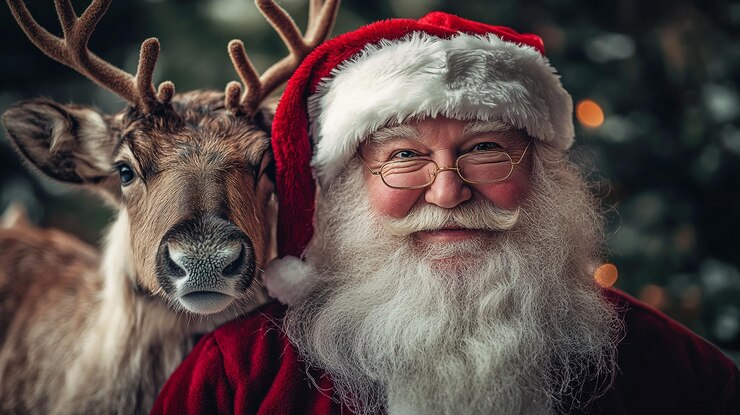 Papá Noel compartiendo un momento de alegría con un reno durante la festiva temporada de vacaciones