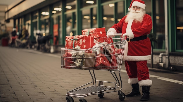 Papá Noel con compras en el supermercado.