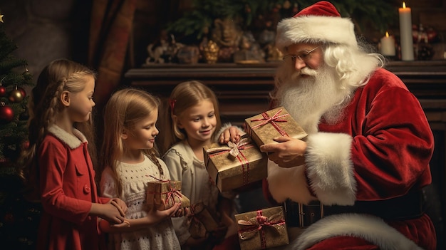 Foto papá noel dando regalos de navidad a los niños