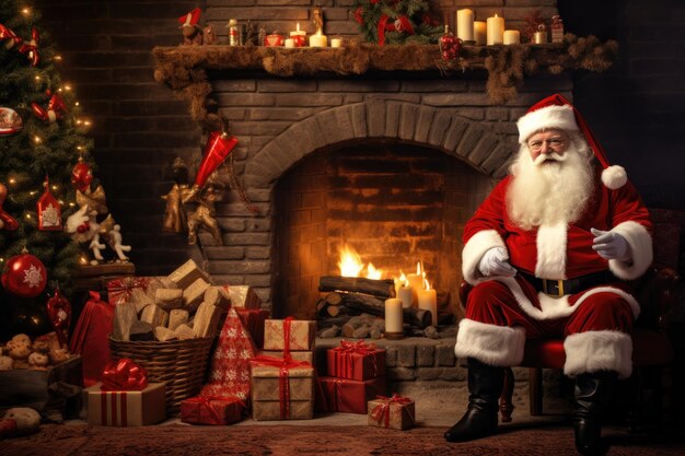 Papá Noel descansando en un sillón junto a la chimenea y el árbol de Navidad