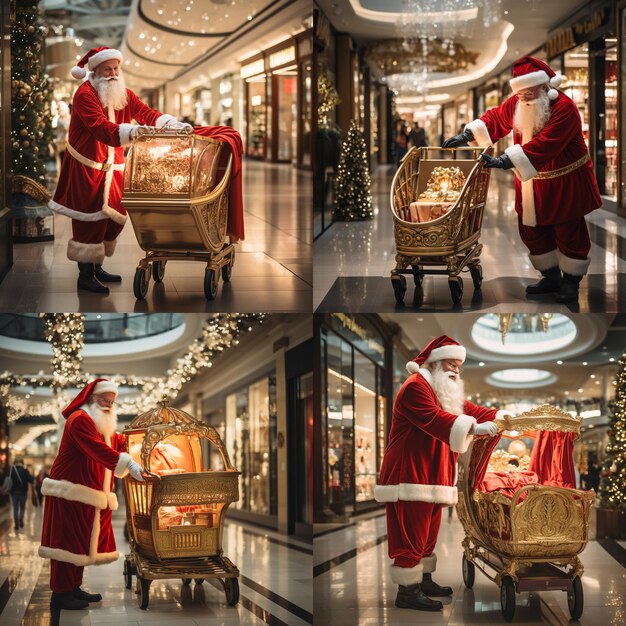 Foto papá noel disfrazado de rojo empuja el carrito del hotel