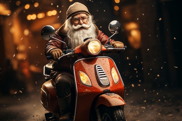 Papá Noel divertido y loco en scooter entrega navideña 2024