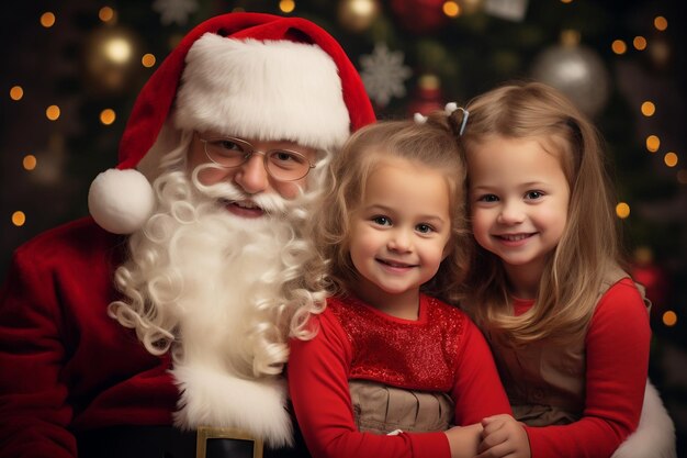 Papá Noel y dos hermanas miran a la cámara Celebración navideña