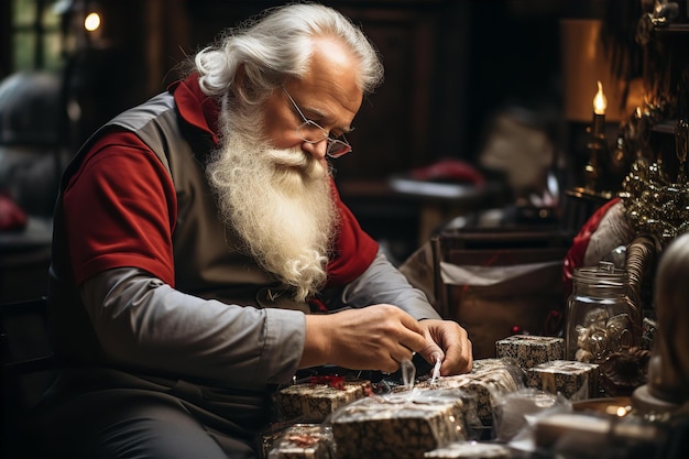 Papá Noel empacando regalos para niños para Navidad y año nuevo.