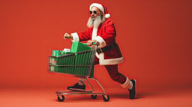 Papá Noel empujando el carrito de compras