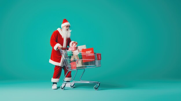 Papá Noel empujando el carrito de compras