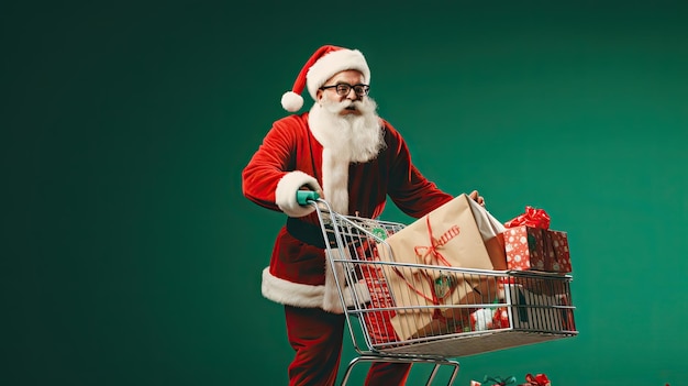 Papá Noel empujando el carrito de compras