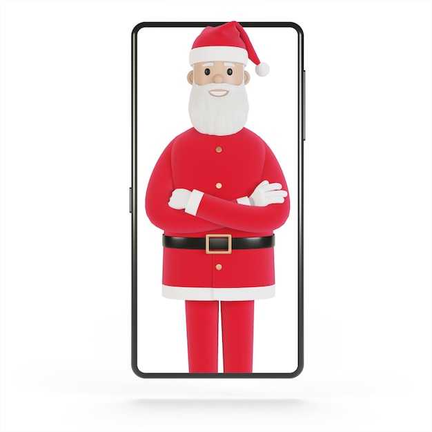 Papá Noel entrega regalos en línea a las personas Pantalla de teléfono inteligente con ilustración 3D de entrega de compras en línea de Papá Noel en estilo de dibujos animados