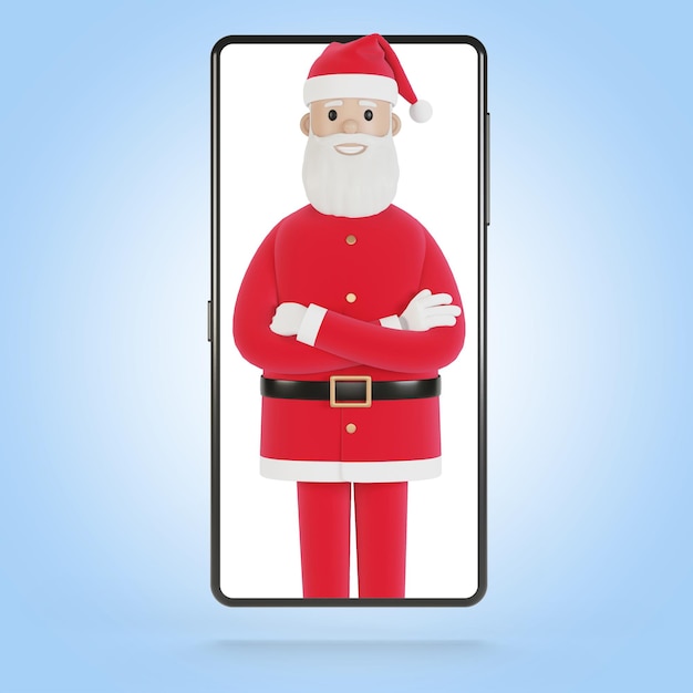 Papá Noel entrega regalos en línea a las personas Pantalla de teléfono inteligente con ilustración 3D de entrega de compras en línea de Papá Noel en estilo de dibujos animados