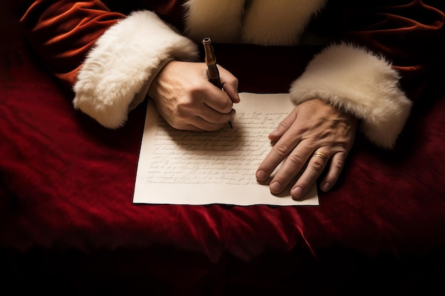 Foto papá noel escribiendo una lista de regalos de navidad en una página