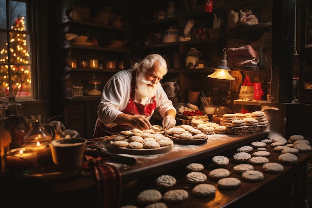 Papá Noel está horneando una variedad de dulces de galletas navideñas con anís estrellado y tradición de canela