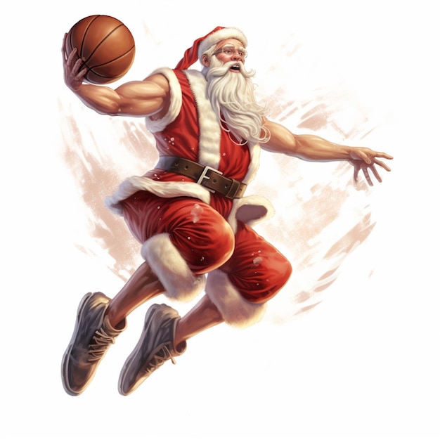 Papá Noel está jugando al baloncesto con una pelota de baloncesto en la mano.
