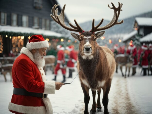 Un Papá Noel está de pie al lado de un reno en una ciudad nevada