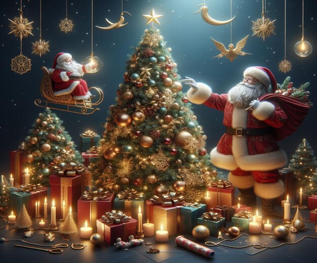 Un Papá Noel está de pie junto a un árbol de Navidad