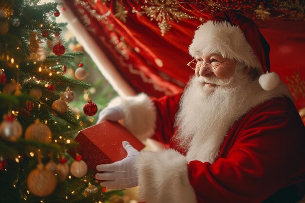 Papá Noel está poniendo regalos bajo el árbol de Navidad