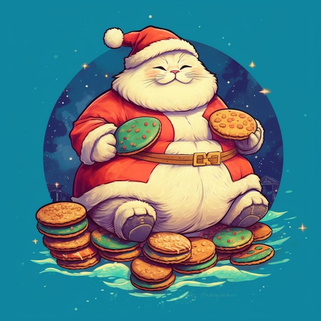 Papá Noel está sentado sobre un montón de galletas y sosteniendo una ai generativa de galletas.
